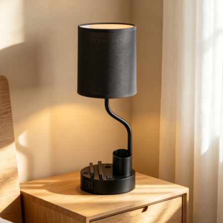 Set of 2 black bedside table lamps for bedroom, nightstand lights with AC outlet and USB A&C charging ports, three color temperatures, with pen holder and phone stand for living room, dorm and office