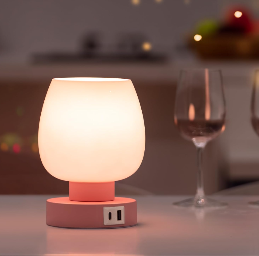 Pink touch bedside table lamp with USB A&C charging ports, three-way dimmable, nightstand desk lamp with glass lampshade, simple holiday gift