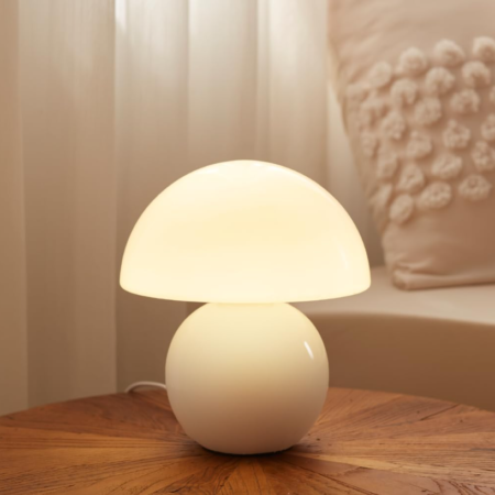 Mushroom shaped small table lamp, bedside nightstand lamp for bedroom, dimmable cute modern lamp, aesthetic home decor and gift for girls, ceramic base with glass lampshade (White)